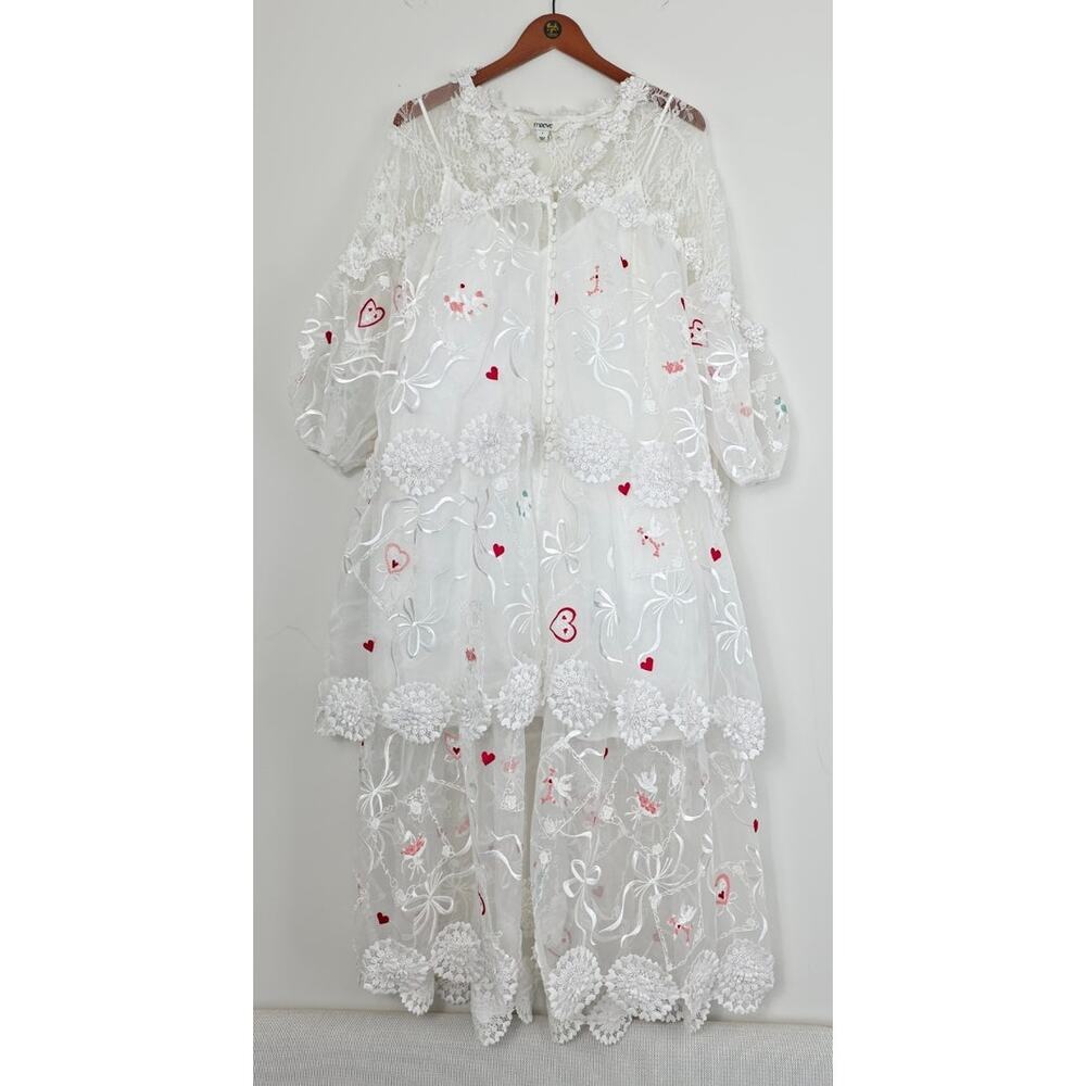 Maeve Sheer 3D Floral V-Neck Maxi Dress Ivory Pink & Red Hearts Sz Small NWT - Picture 3 of 15